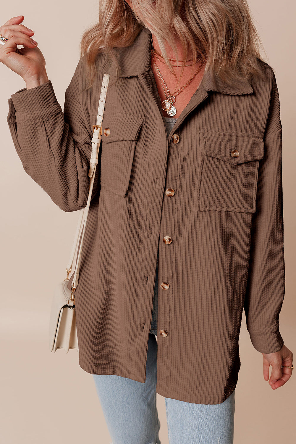 Solid Corduroy Button-Up Pocketed Shacket