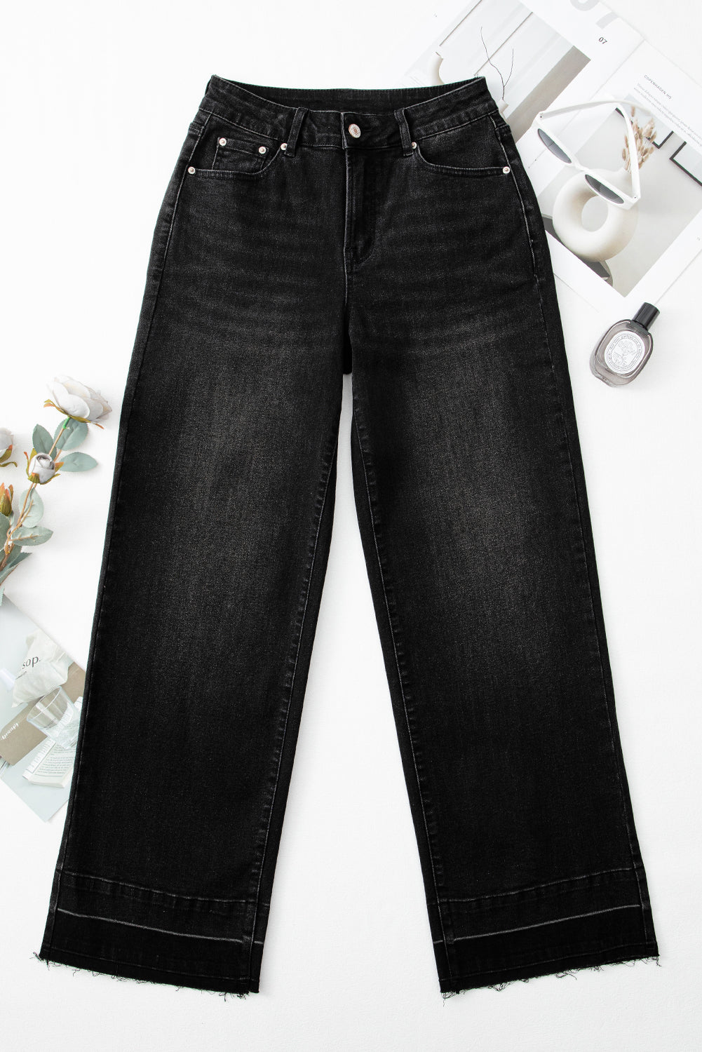 Denim Raw Hem Straight Leg Jeans