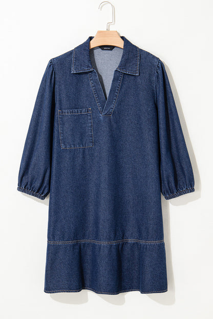 Denim Collared V-Neck Chest Pocket Dress