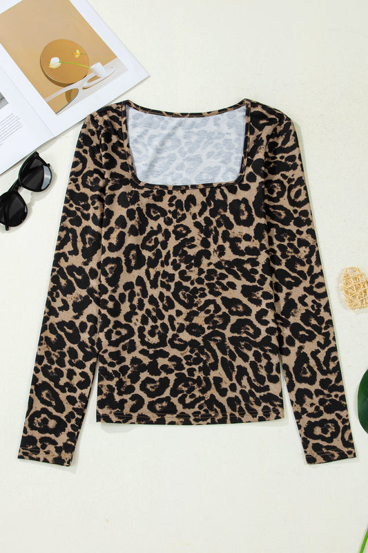 Leopard Square Neck Long Sleeve T-Shirt