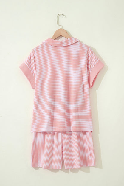 Stripe Dolman Sleeve Polo Shirt & Drawstring Shorts Set