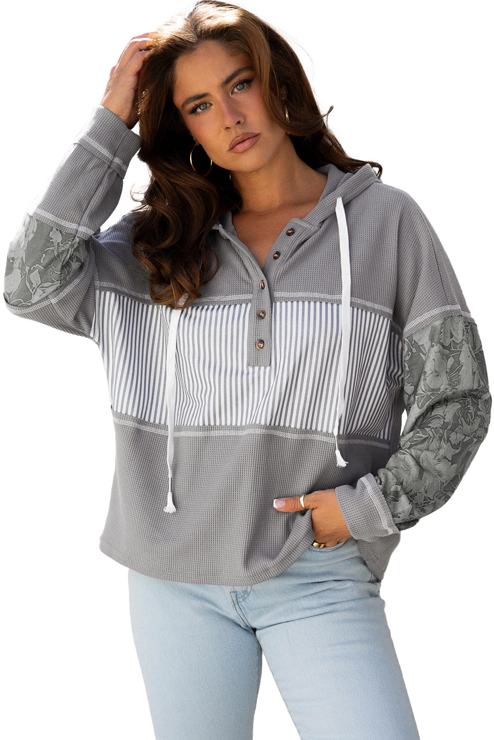 Stripe Waffle Patchwork Hooded Long Sleeve Top
