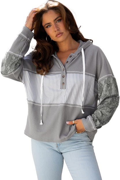 Stripe Waffle Patchwork Hooded Long Sleeve Top