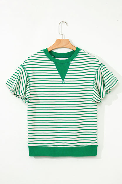 Stripe Contrast Detail Ruffle Short Sleeve Top