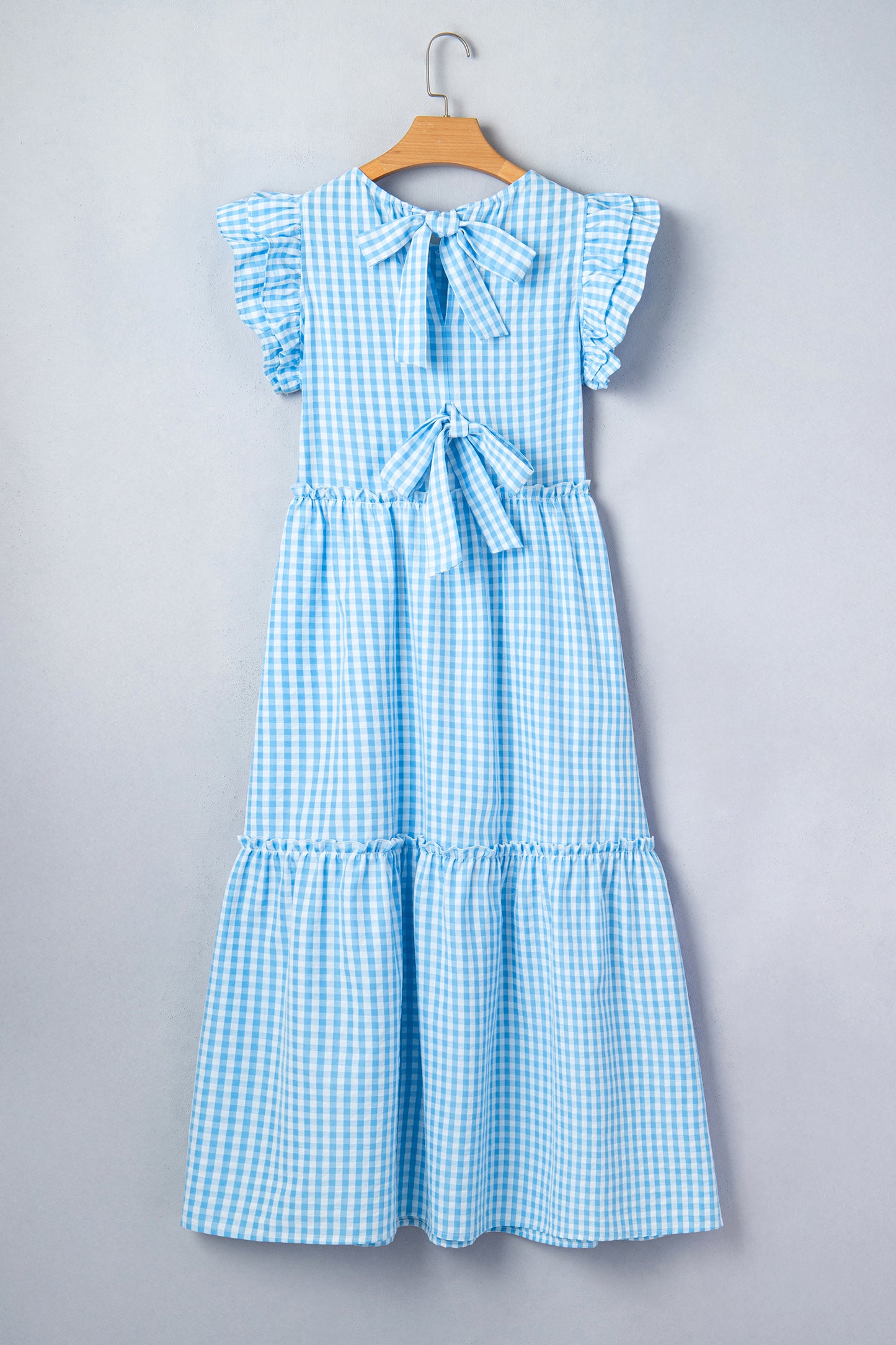 Gingham Knot Back Ruffle Short Sleeve Maxi Dress