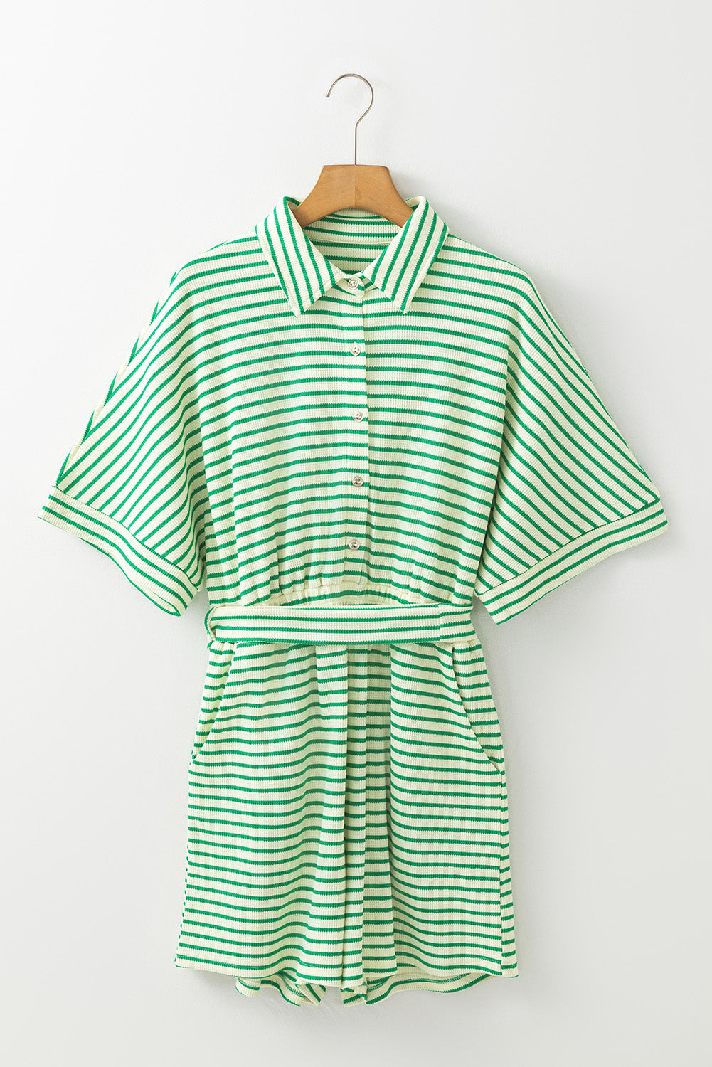 Stripe Short Sleeve Buttoned Collar Belted Romper