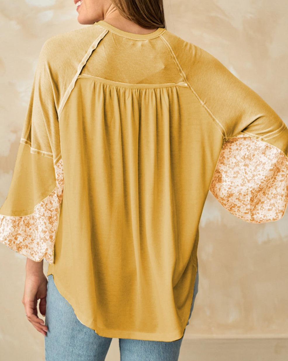 Floral Colorblock Balloon Sleeve Blouse