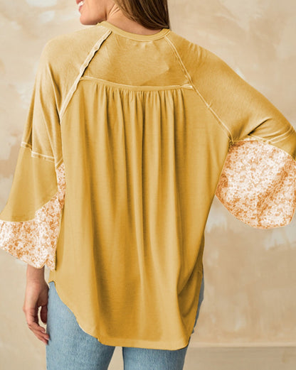 Floral Colorblock Balloon Sleeve Blouse