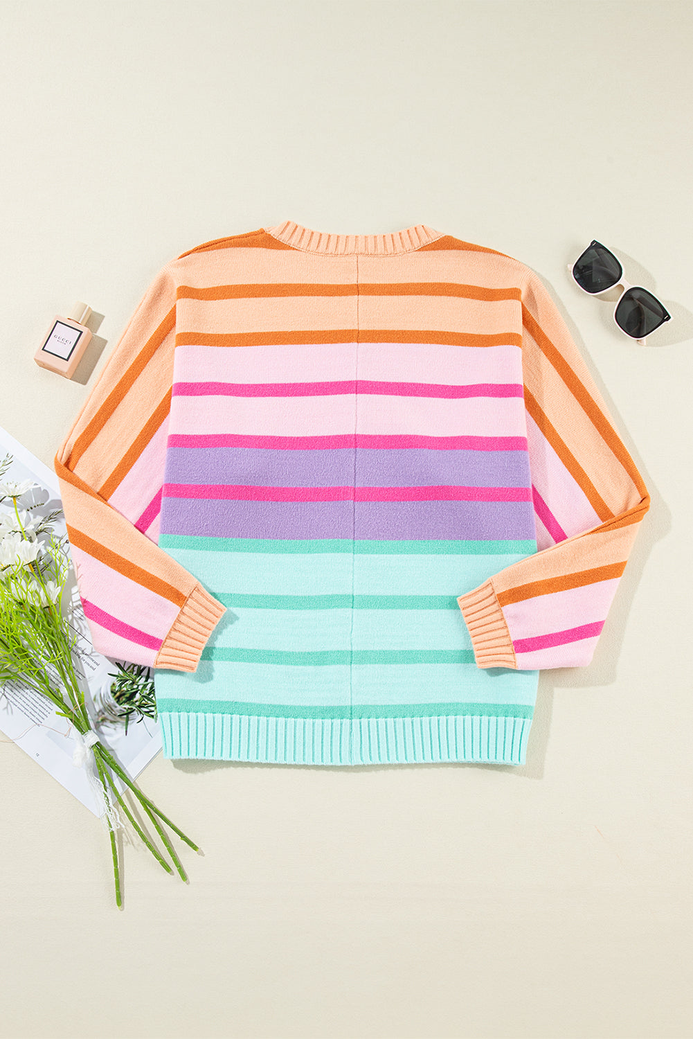 Gradient Stripe Ribbed Trim Sweater