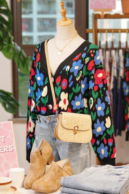 Floral Buttoned V-Neck Cardigan Sweater