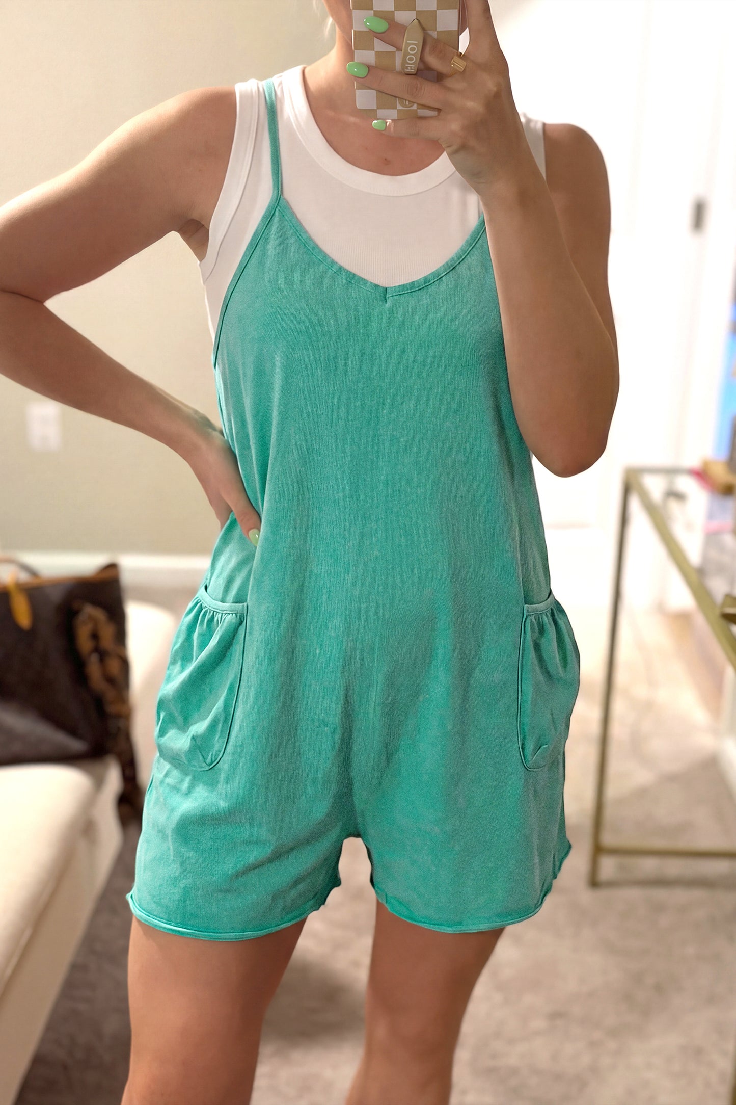 Mineral Wash Spaghetti Strap Pocketed Romper