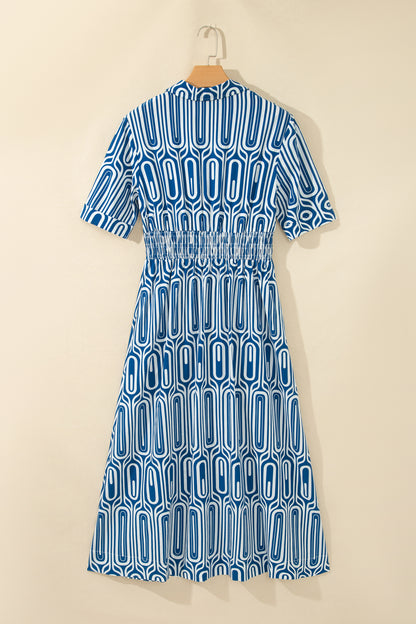Geometric Drawstring Waist Short Sleeve Midi Dress