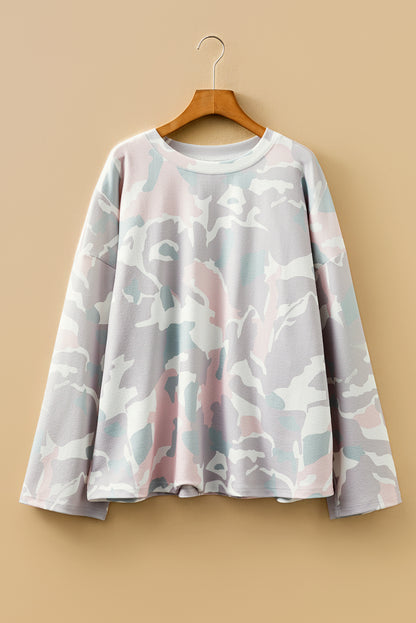 Plus Size Camo Drop Shoulder Pullover Top