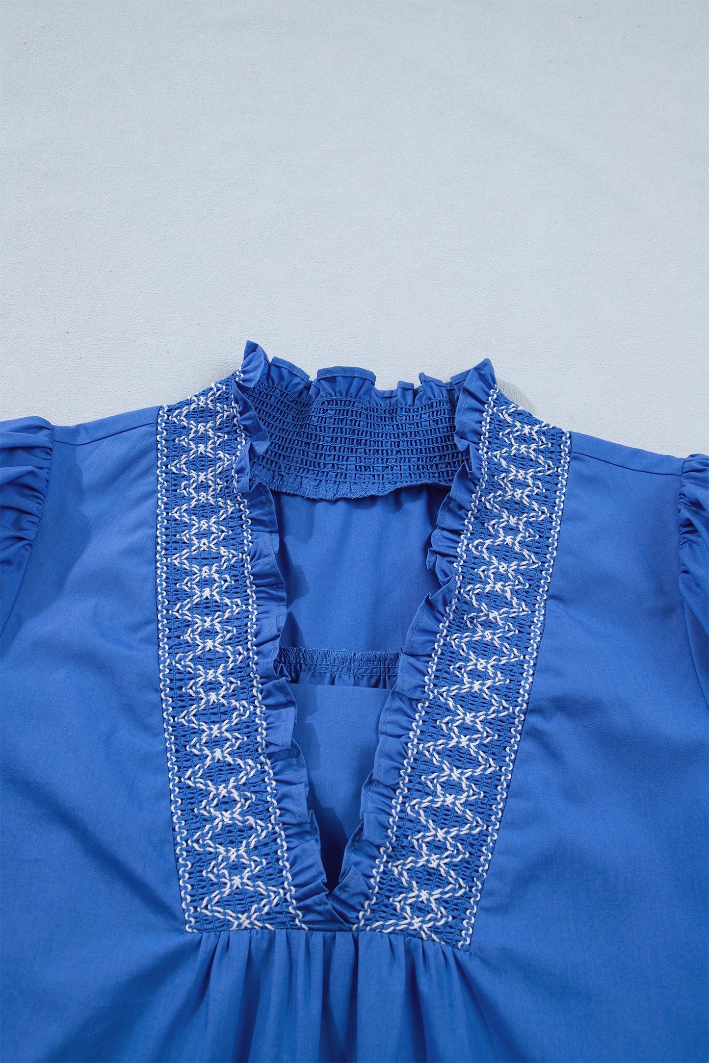 Embroidered Smocked V-Neck Puff Sleeve Mini Dress