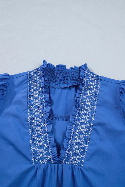 Embroidered Smocked V-Neck Puff Sleeve Mini Dress
