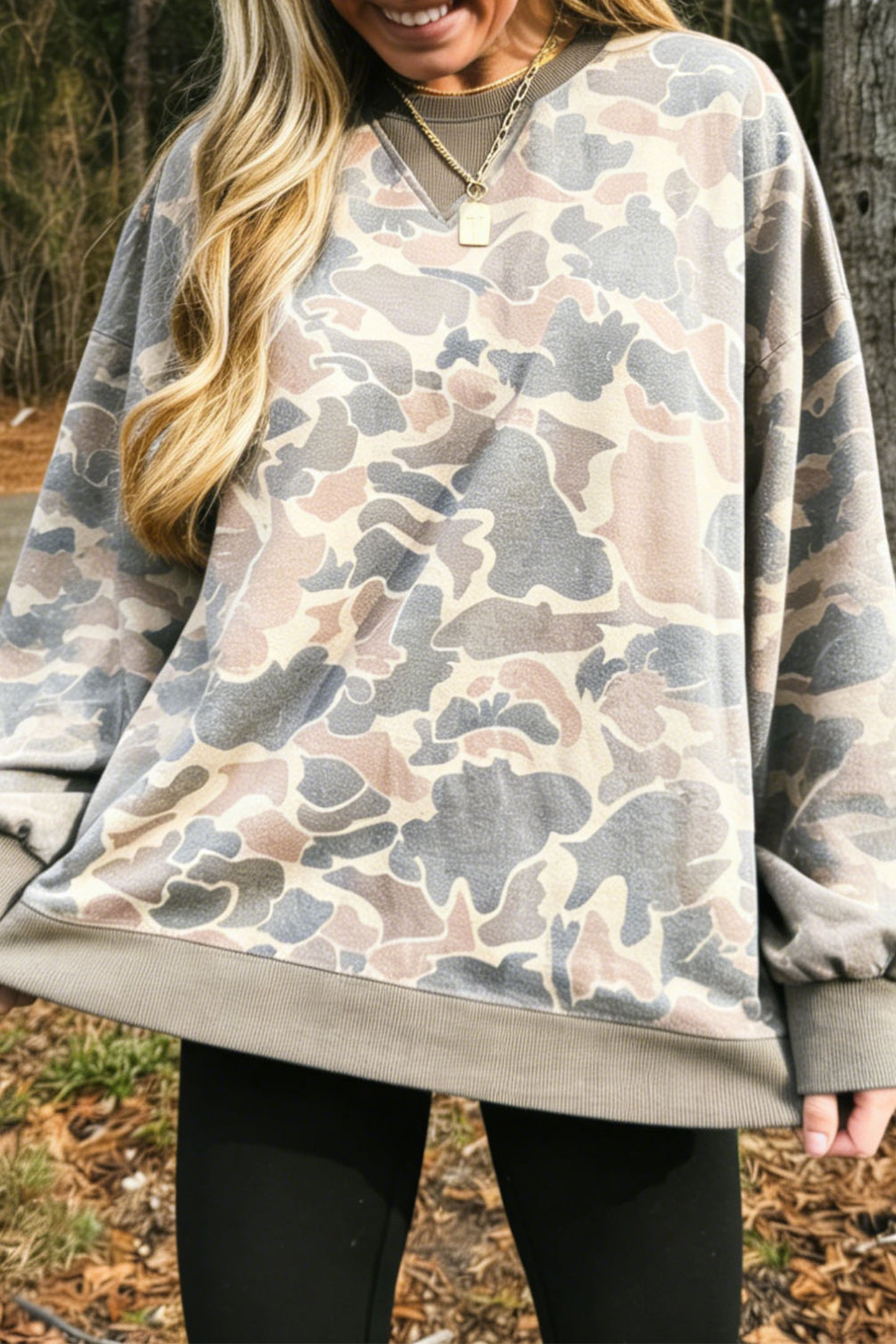 Camo Ribbed Trim Crew Neck Pullover Sweatshirt