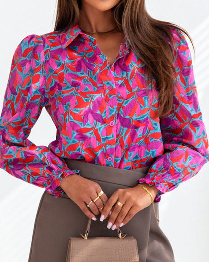 Abstract Floral Puff Sleeve Shirt