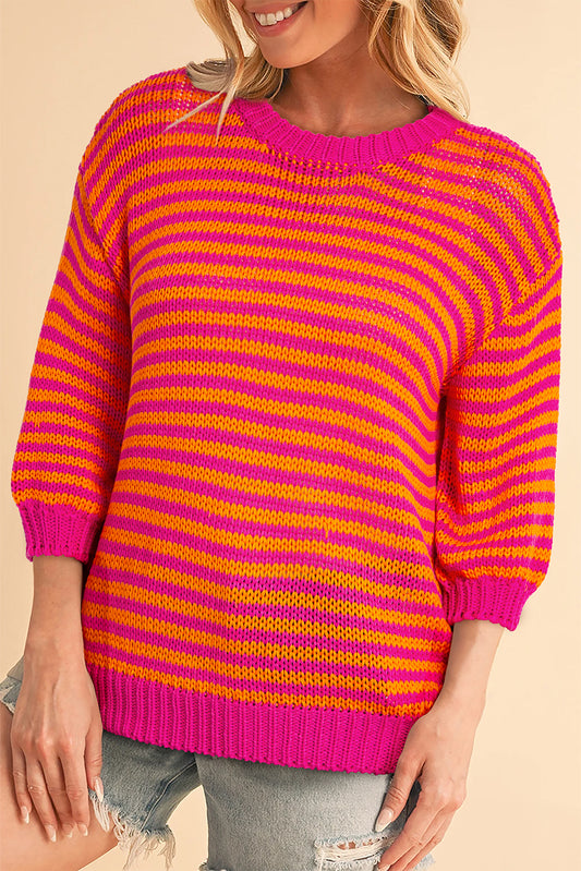 Stripe 3/4 Puff Sleeve Sweater