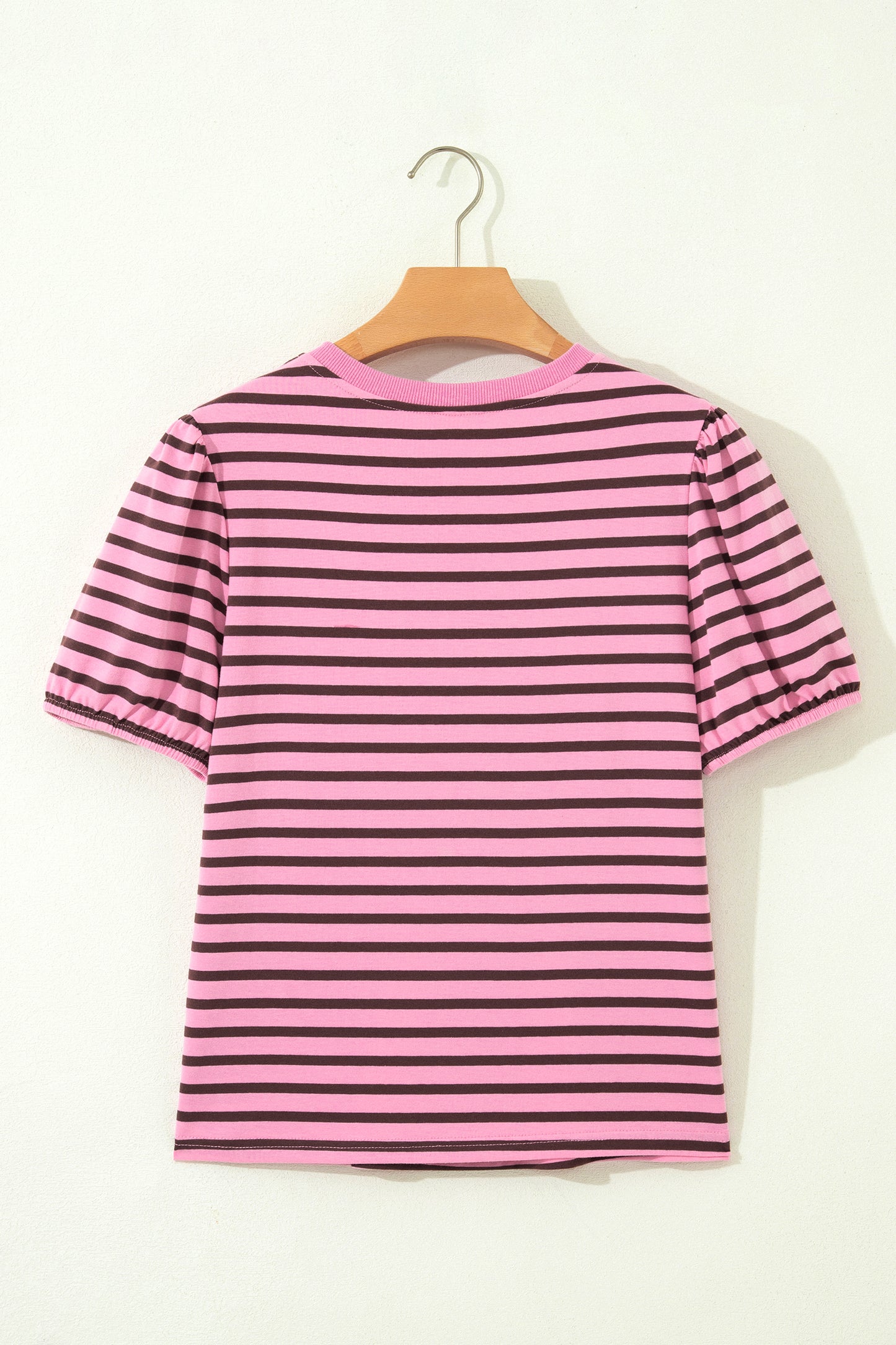 Stripe Ribbed Trim V-Neck Puff Sleeve Top