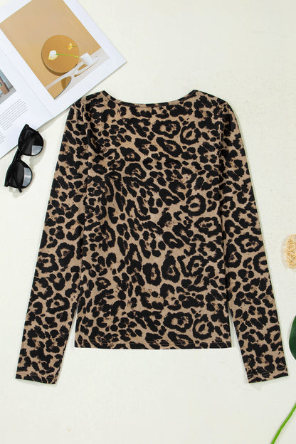 Leopard Square Neck Long Sleeve T-Shirt