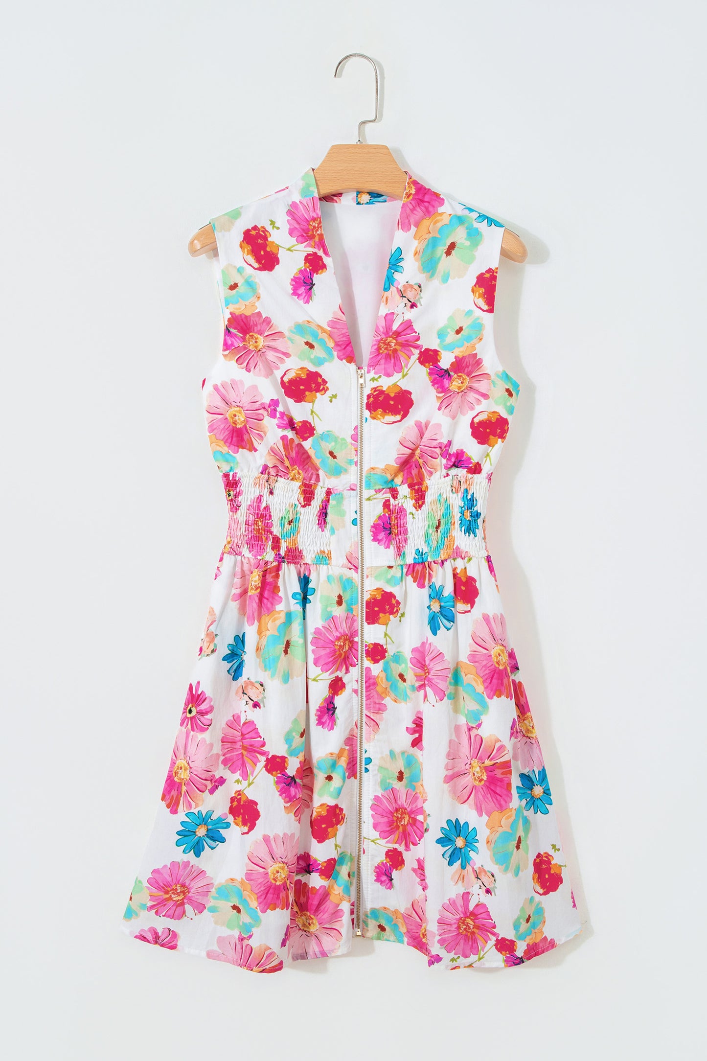 Floral Zip Up V-Neck Smocked Flared Mini Dress