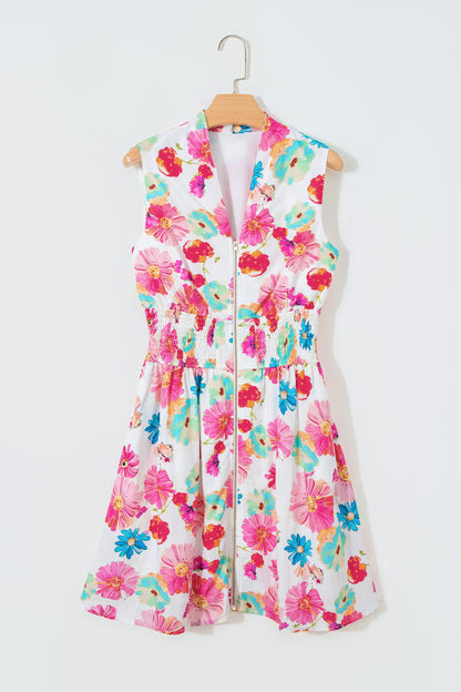 Floral Zip Up V-Neck Smocked Flared Mini Dress