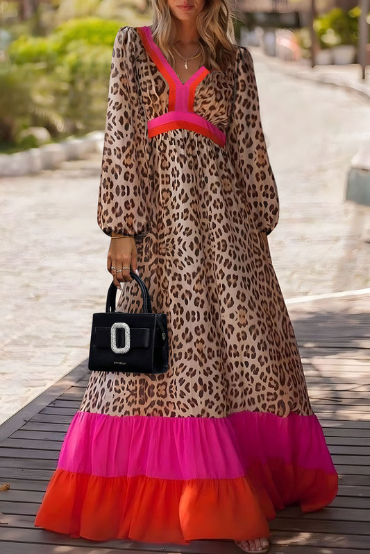 Leopard Colorblock Long Sleeve Maxi Dress