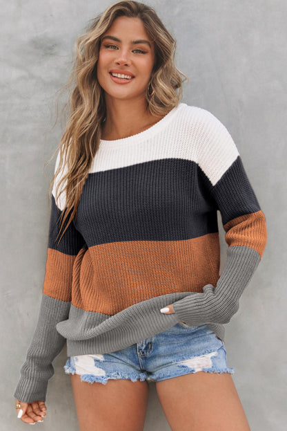 Colorblock Stripe Round Neck Pullover Sweater