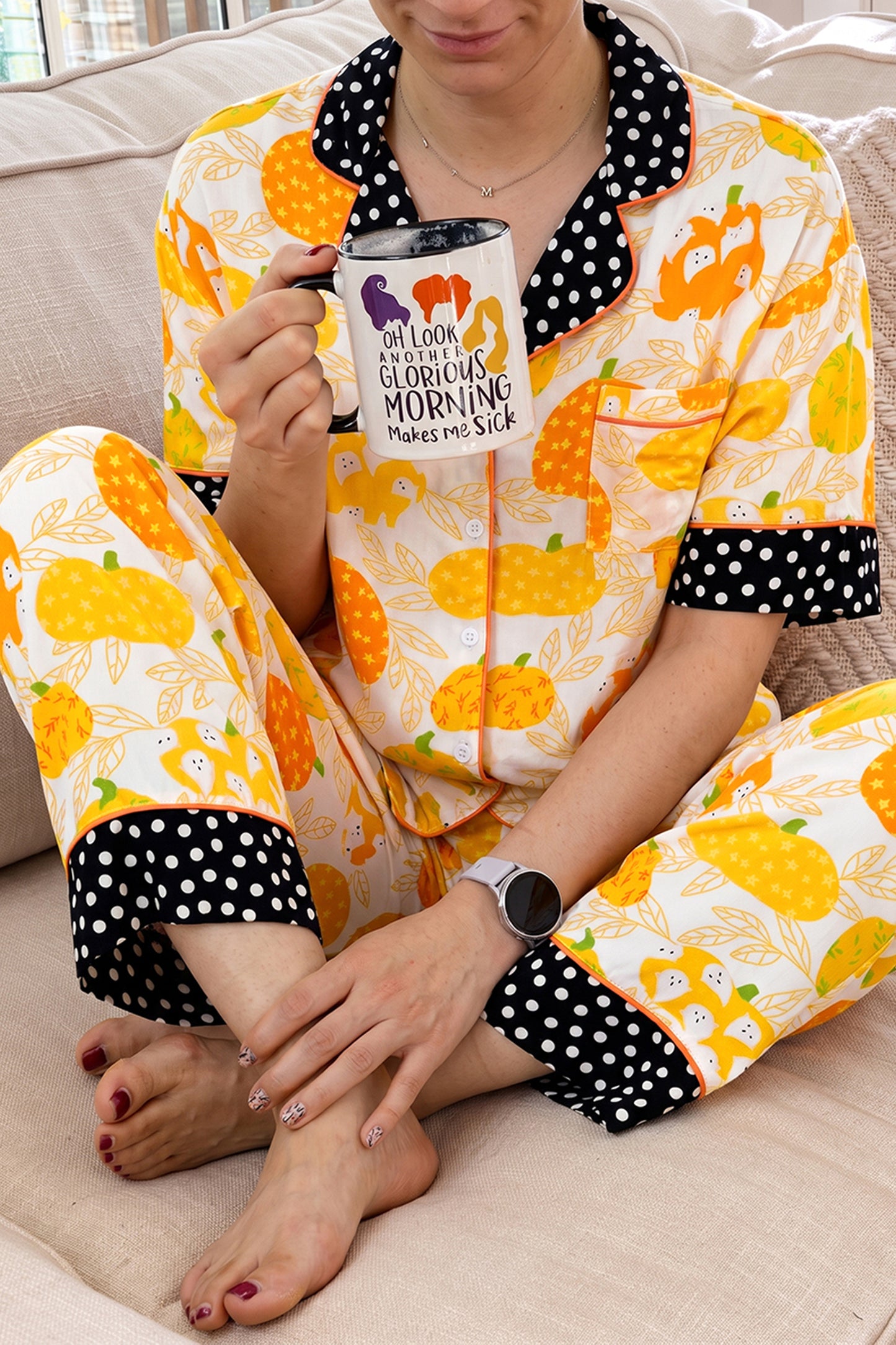 Pumpkin Polka Dot Trim Top & Pants Lounge Set