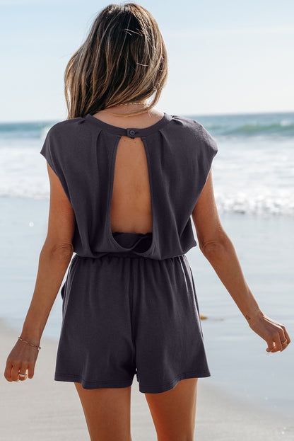 Solid Open Back Cap Sleeve Knit Romper