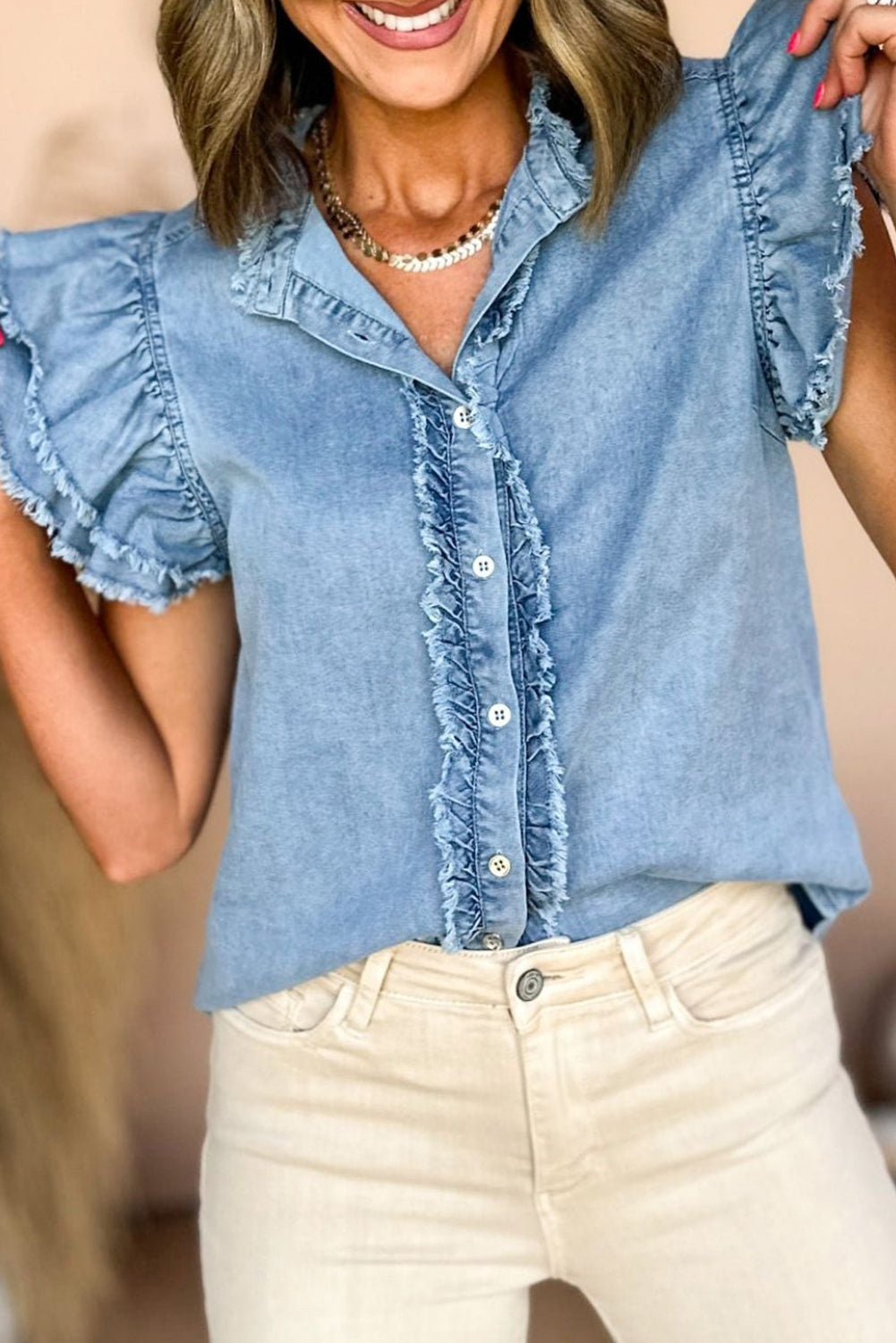 Denim Ruffle Frayed Buttoned Top