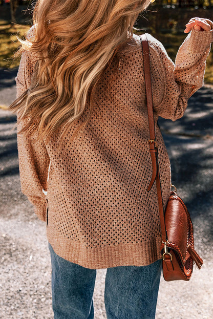 Eyelet V-Neck Drop Shoulder Sweater