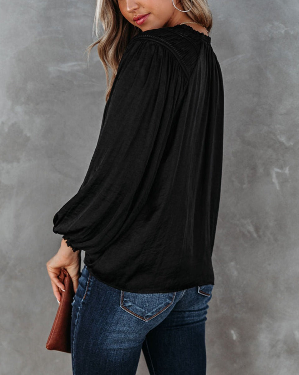 Pleated Balloon Sleeve V-Neck Blouse