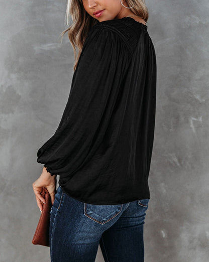 Pleated Balloon Sleeve V-Neck Blouse