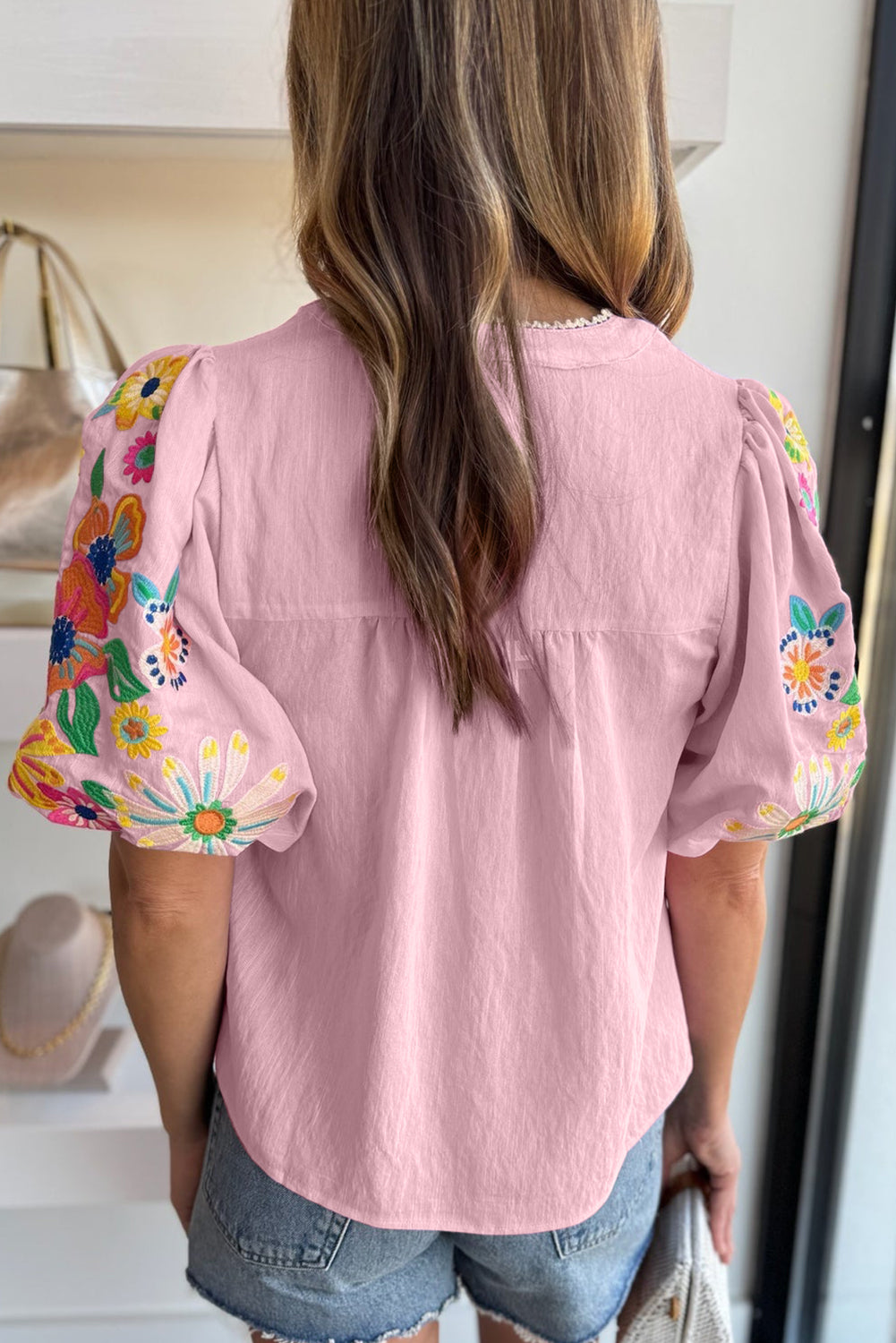 Floral Embroidered Puff Sleeve Blouse