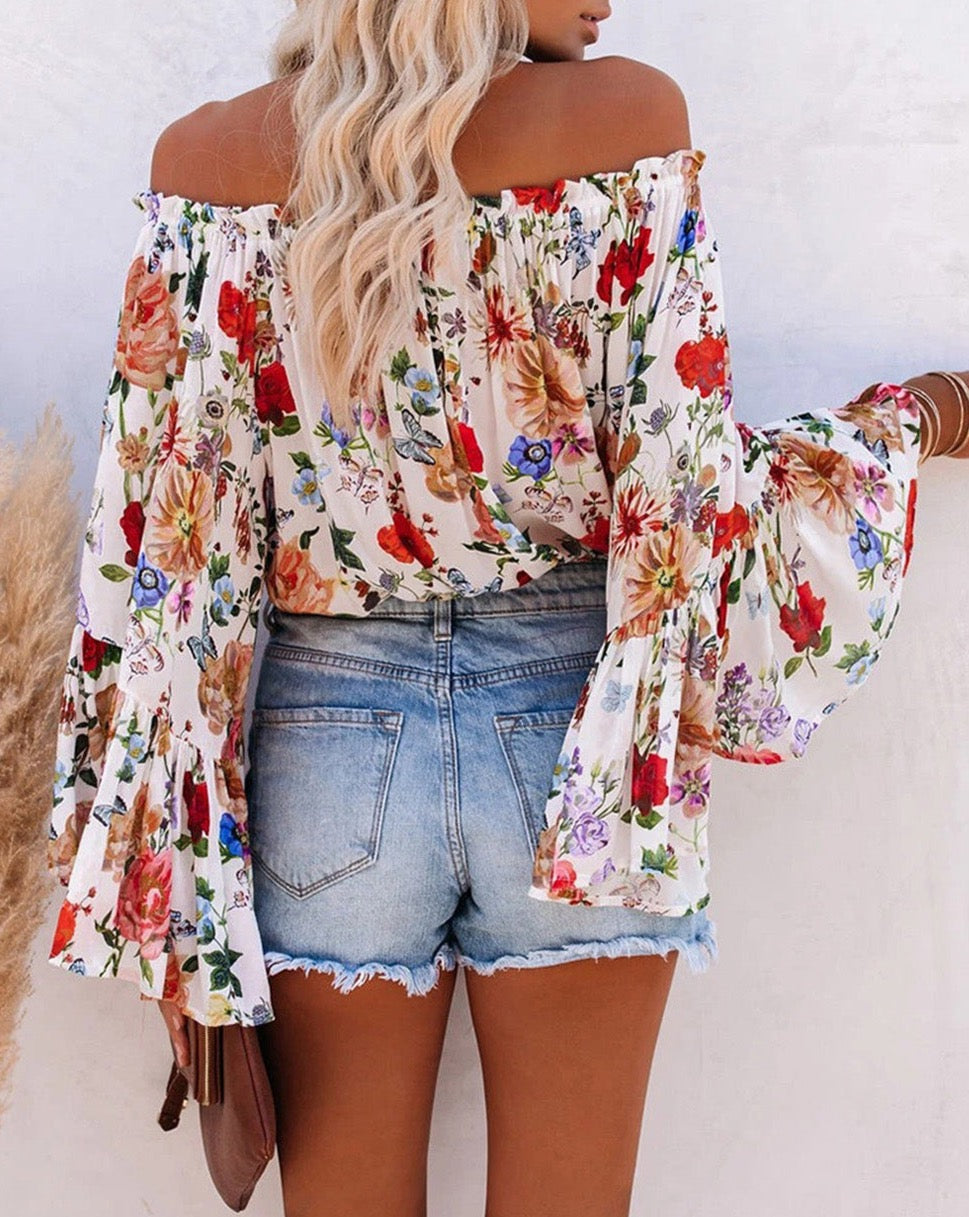 Floral Off Shoulder Bell Sleeve Blouse