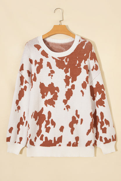 Abstract Cow Drop Shoulder Long Sleeve Sweater