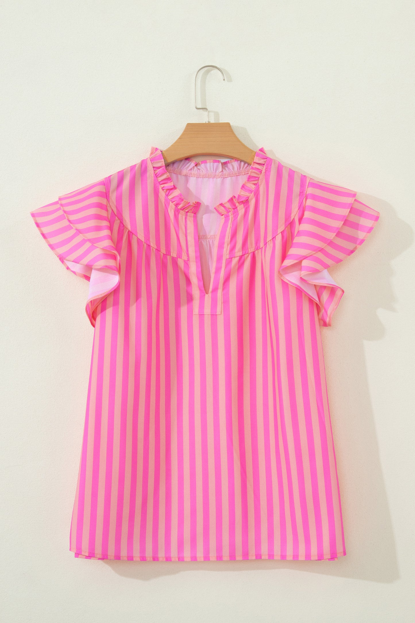 Stripe Split Neck Ruffle Sleeve Summer Blouse