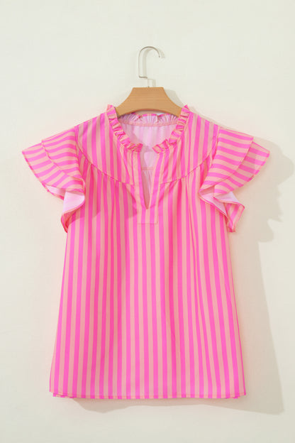 Stripe Split Neck Ruffle Sleeve Summer Blouse