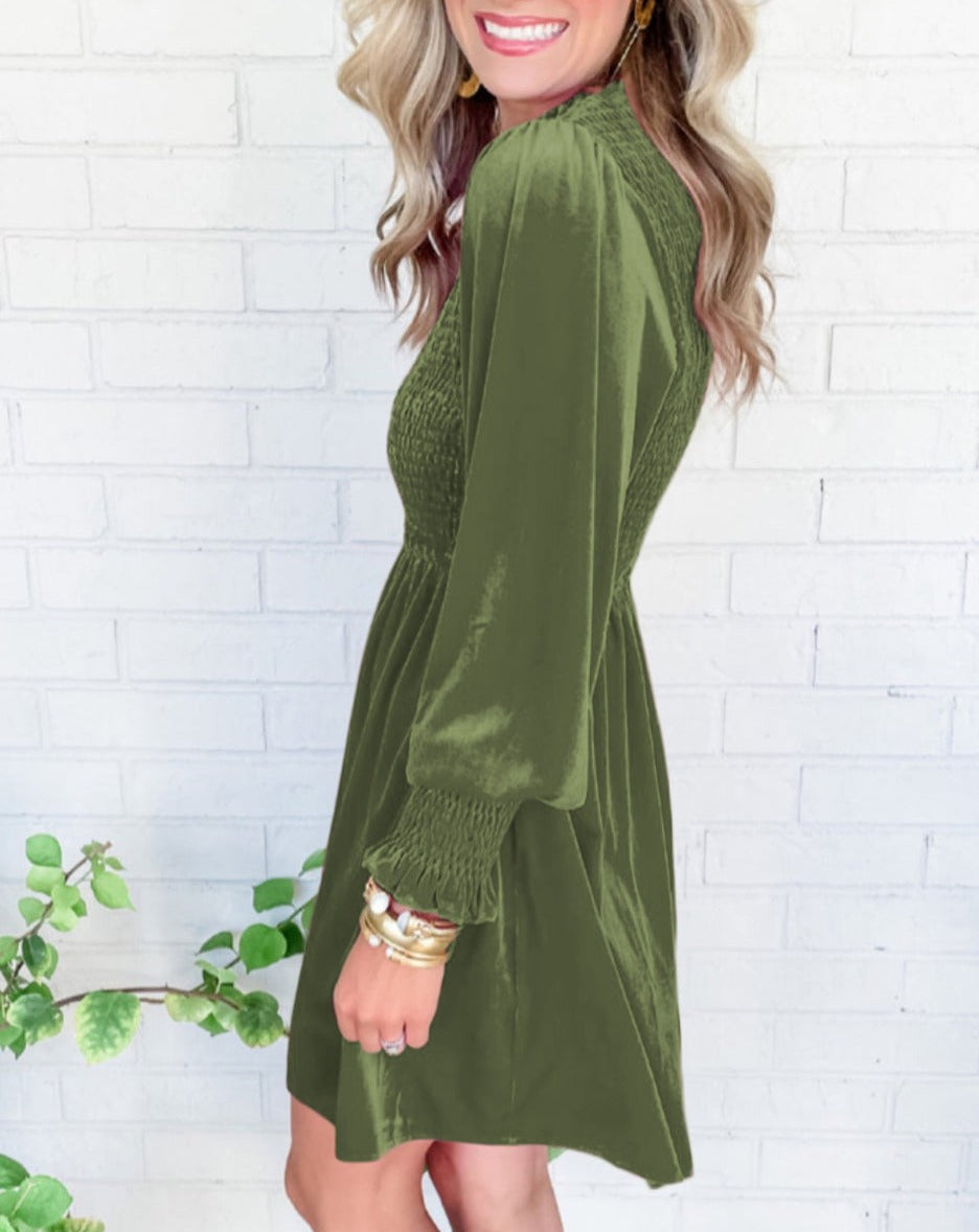 Velvet Smocked Puff Sleeve Dress