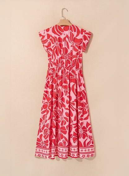 Floral Boho Short Sleeve V-Neck Buttoned Maxi Dress