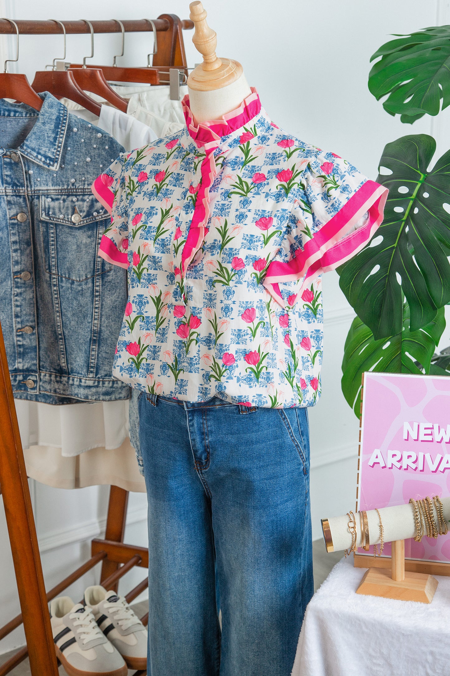 Floral Colorblock Flutter Sleeve Half Button Blouse