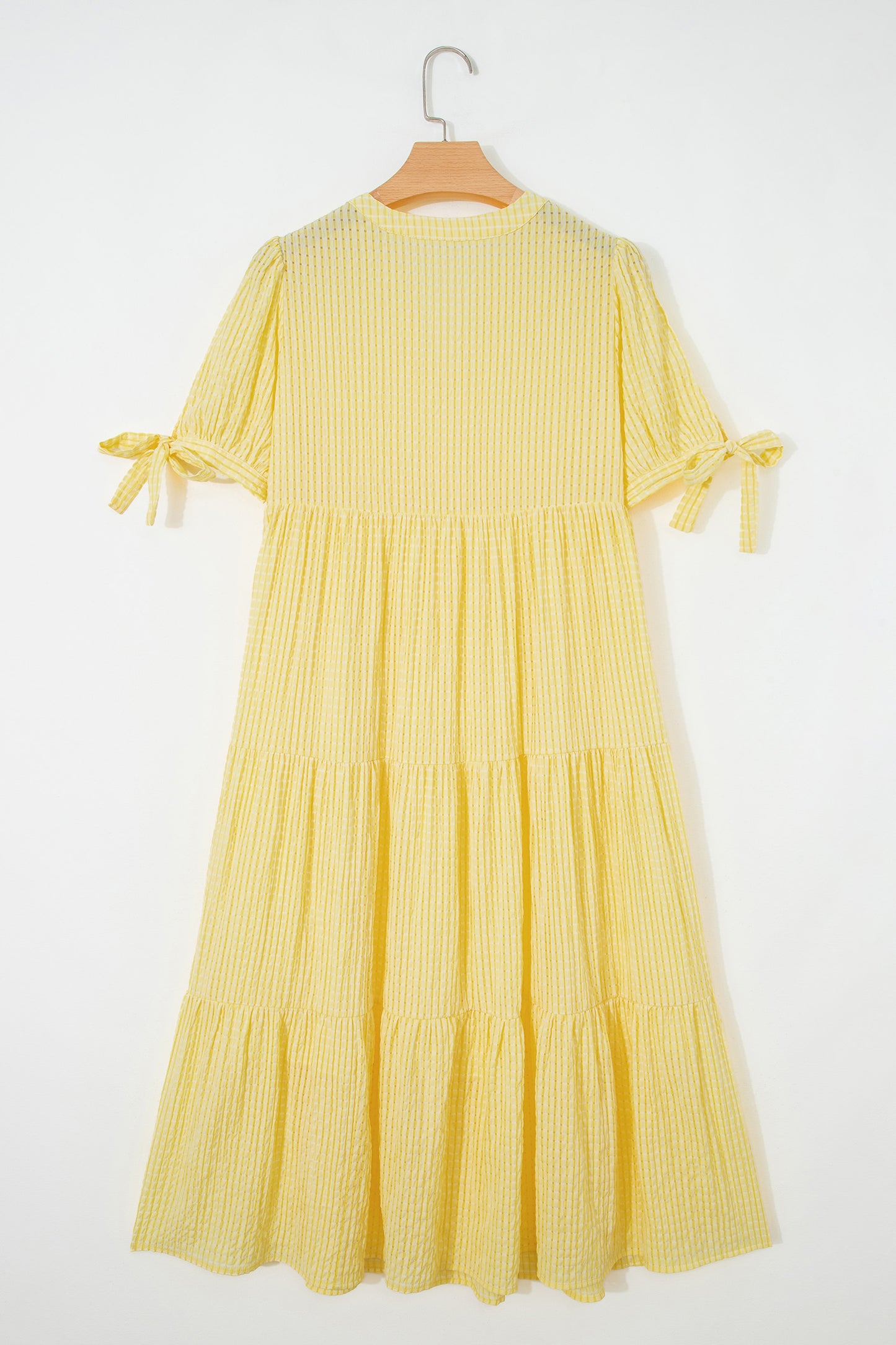 Gingham Textured Bow Tie Tiered Midi Dress