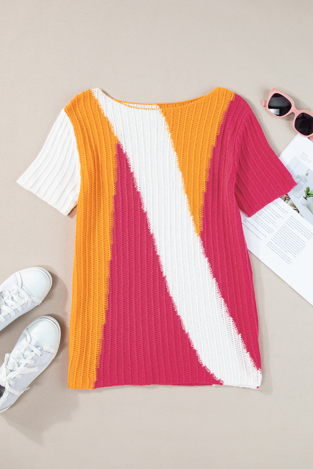 Colorblock Short Sleeve Knit Sweater