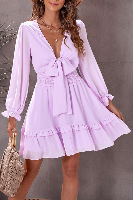 Bow V-Neck Lantern Sleeve Dress