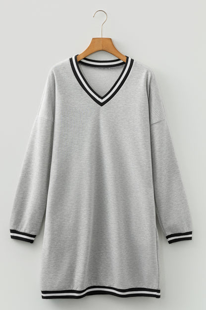 Stripe Trim V-Neck Long Sleeve Preppy T-Shirt Dress