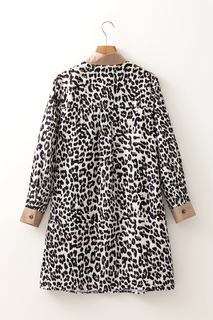 Leopard Stripe Collared Long Sleeve Flared Dress
