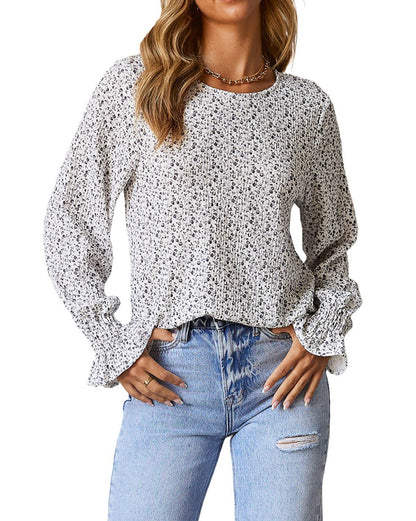 Floral Crinkled Bubble Sleeve Blouse