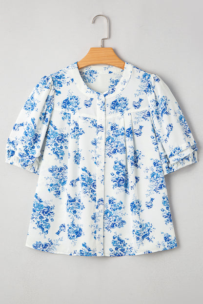 Floral Tiered Puff Sleeve Pleated Bust Buttoned Shirt