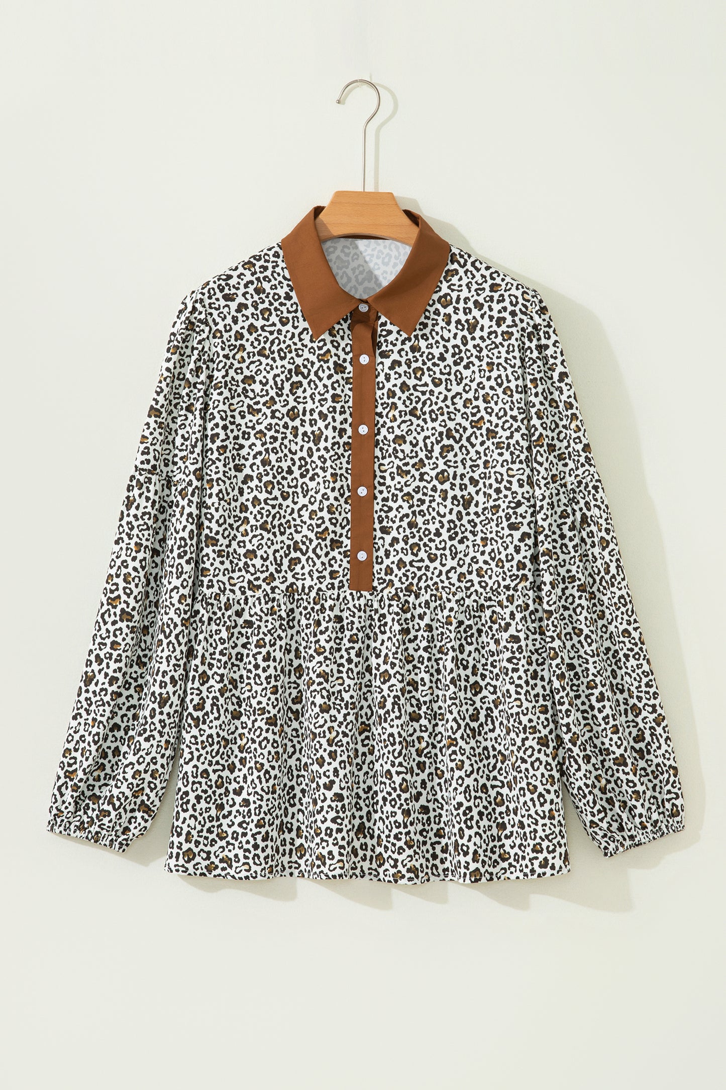 Plus Size Leopard Contrast Trim Puff Sleeve Blouse